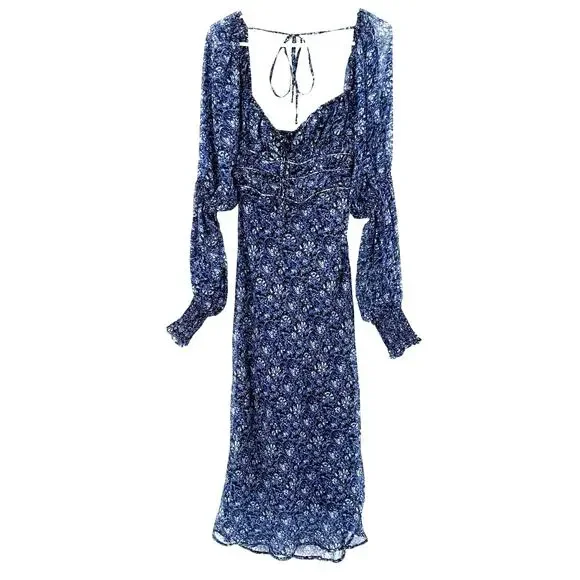 Free People Size XS Aglow Long Sleeve Midi Dress Blue‎ Bohemian Back Cutout