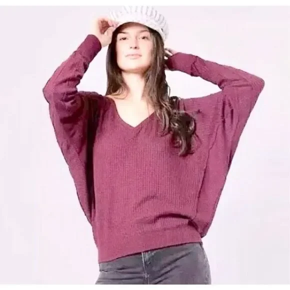NWT Free People Thermal‎ Womens Small Mulberry Santa Clara Shirt Top V Neck
