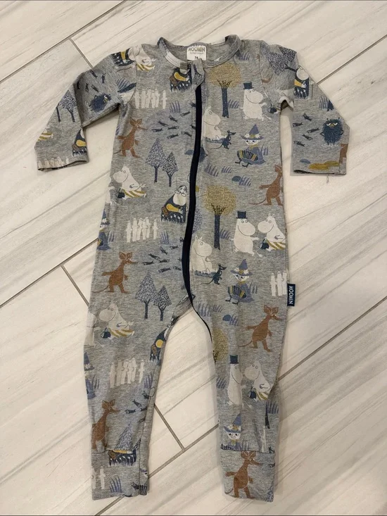 Moomin Characters Printed Kids Zip-One Piece Long Sleeve Cotton Bodysuit Size 74