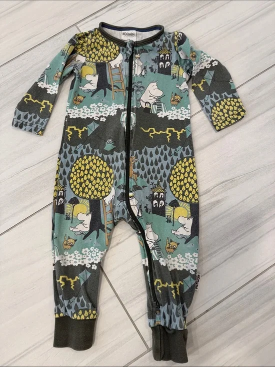 Moomin Characters Printed Kids Zip-One Piece Long Sleeve Cotton Bodysuit Size 74