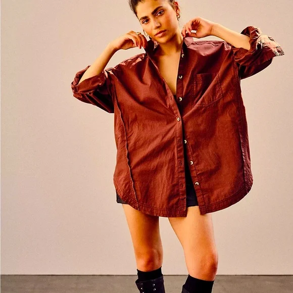 NWOT Free People we the free Happy Hour Solid Poplin Top in a burnt orange brown