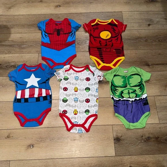 Lot of 5 Marvel Infant Bodysuits size 18 month, Hulk Captain America Spider-Man‎