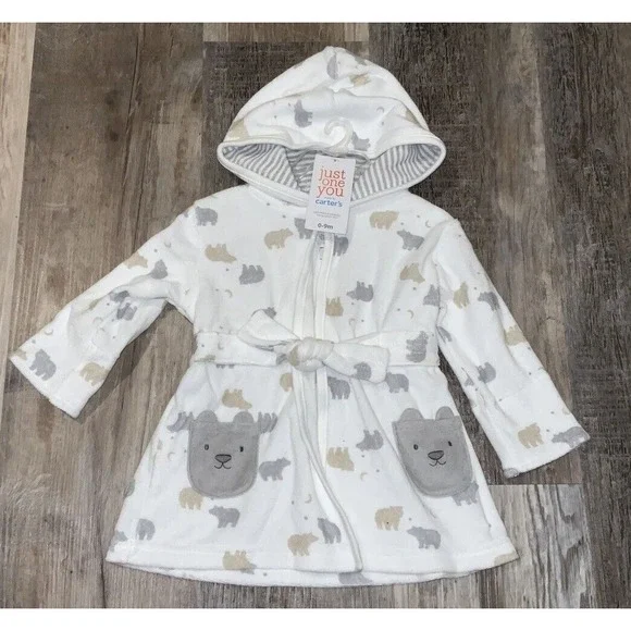 Just One You‎ by Carter's Baby White Bear Print Bath Robe Tie Waist  Size 0-9M
