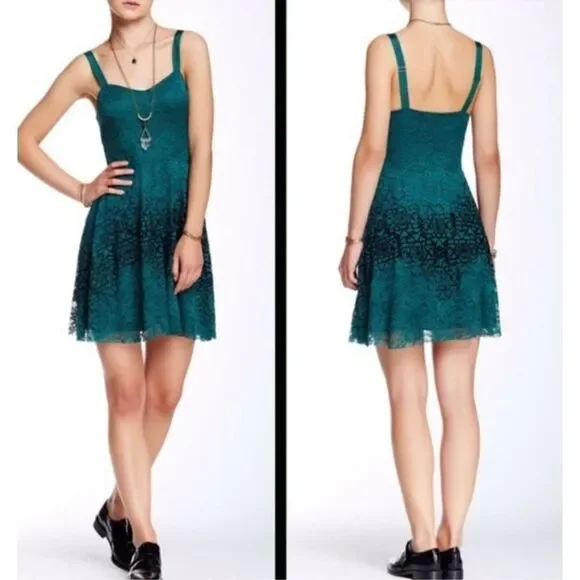 Free People Strap Mini Flare Dress Green‎ Floral Lace Black Velvety Detail