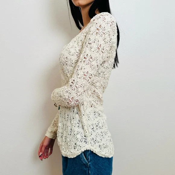 Free People Floral Pattern Lace Long Sleeve Ivory Casual Blouse Top Boho