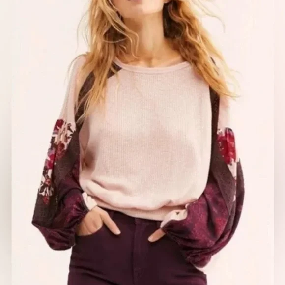 Free People Pink Casual Clash Rose Balloon Sleeve Thermal Blouse Top Sz Medium