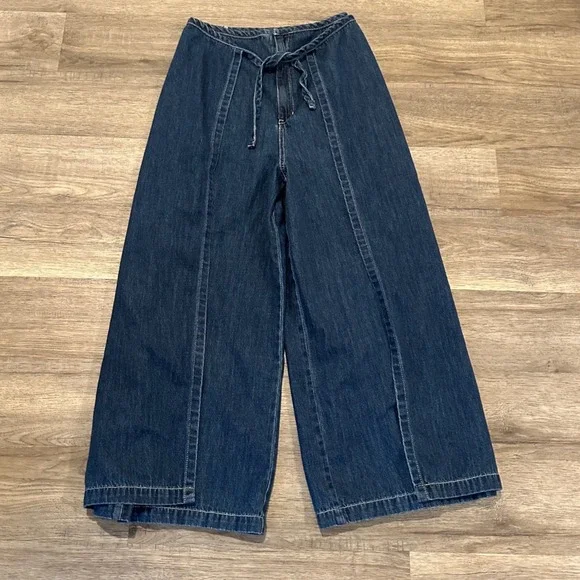 Free People We The Free Wide Leg Wrap Pant Denim Jeans Tie Waist Sz 27 Dark Wash