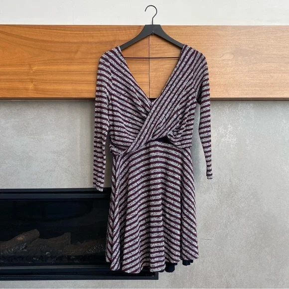NWT Free People Retro Eggplant Combo 3/4 Sleeve Flare Mini Dress, Size L