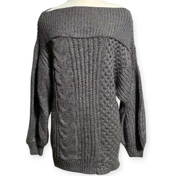 EUC FREE PEOPLE COZY CABLE OFF-SHOULDER CHARCOAL GREY SWEATER SZ XS