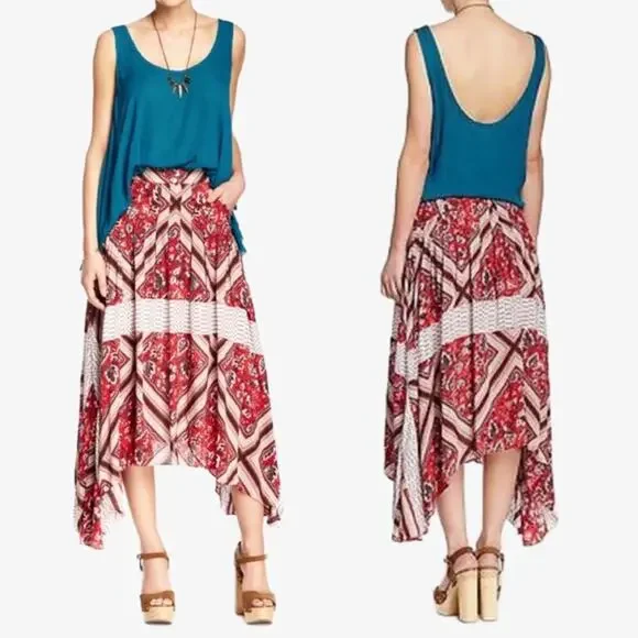 Free People Women's Paradise Boho‎ Print Handkerchief Hem Skirt Flowy Pockets 6