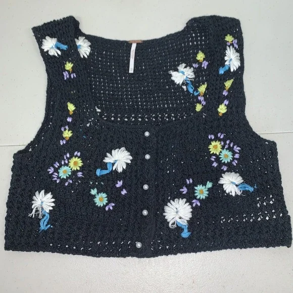 Free People Womens CS‎  Embroidered Crochet Wildflowers Cardi Tank Top Boho