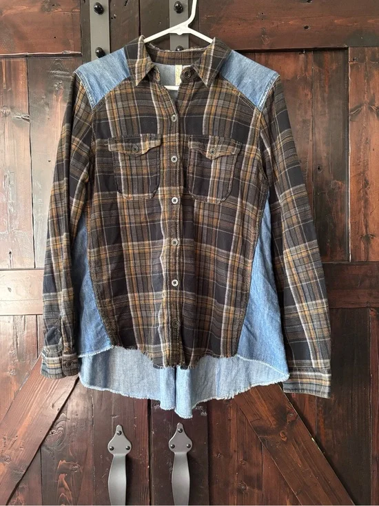 Free People Plaid Chambray Mixed Media Button Front Shirt