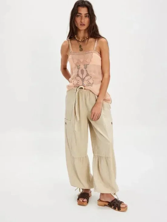 Free People Costa Linen Solid Pants Morning Oat Pull On Trousers Pocket XS