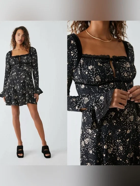 Free People Tess Mini Dress S Small Black Combo Floral Velvet Lace Bell Sleeve⁠