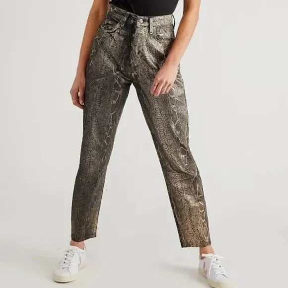 Free People Crvy‎ Georgina Pants Women Size 25 Gold Foil Straight Leg Snake Club
