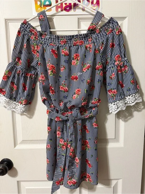 My Michelle Navy & White Striped Floral Cold-Shoulder One-Piece