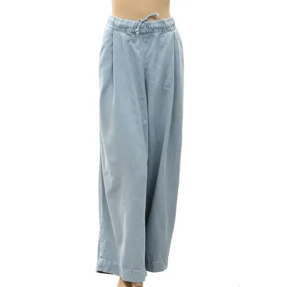 Free People Women's Wide-Leg Drawstring Trouser Pants Adjustable Blue M 288729