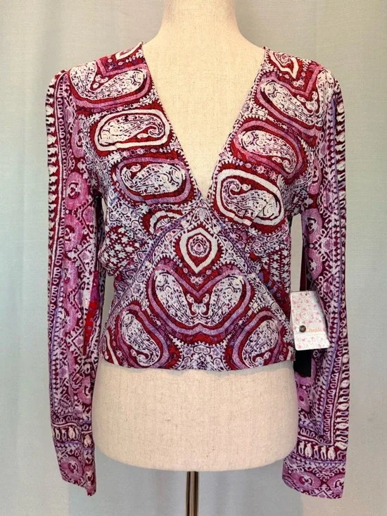 NWT Free People Paisley Long Sleeve V-Neck Blouse Sz Small