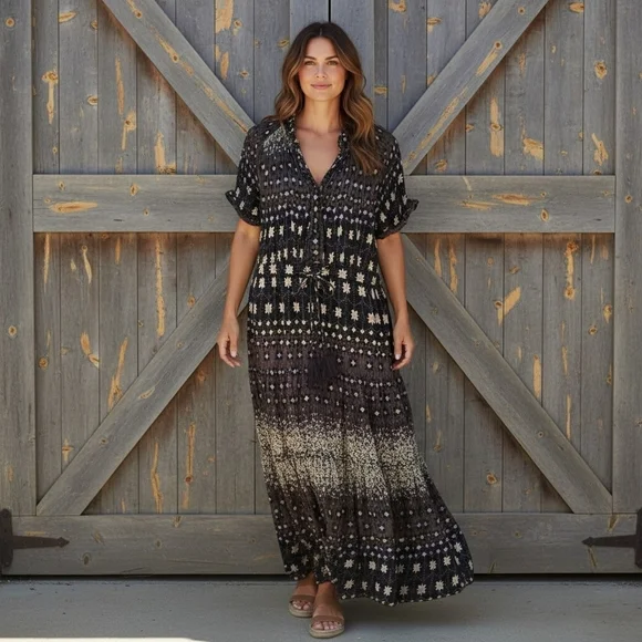 Free People Black and Purple Floral Smocked  Maxi Dress