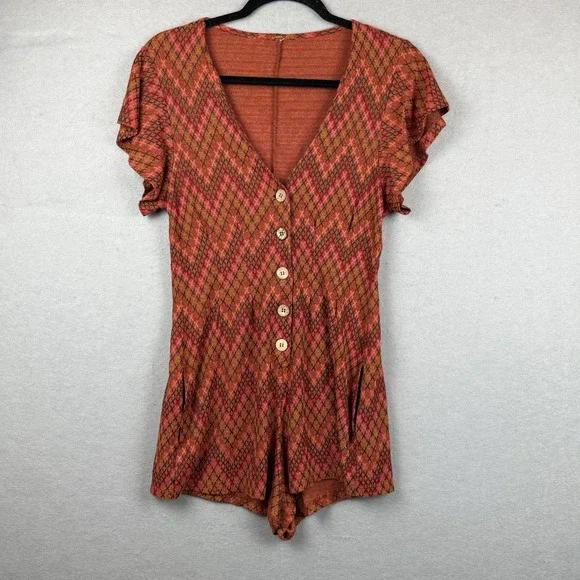 Free People Phoenix Chevron Orange Button Up 70s Vibe‎ Short Romper Sz S? *read