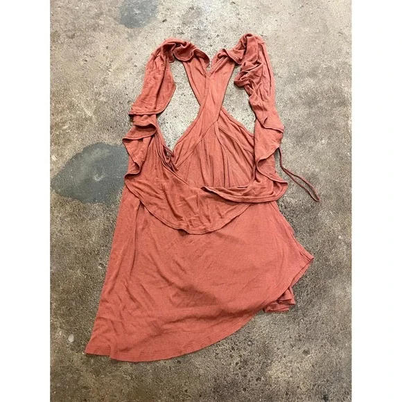 Free People Mini Dress Womens XS Brown Rayon Ruffle Detail‎ Asymmetrical Hem