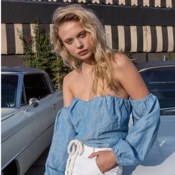 Free People Chambray Off Shoulder Long Sleeve Boho Top Blue NWT L