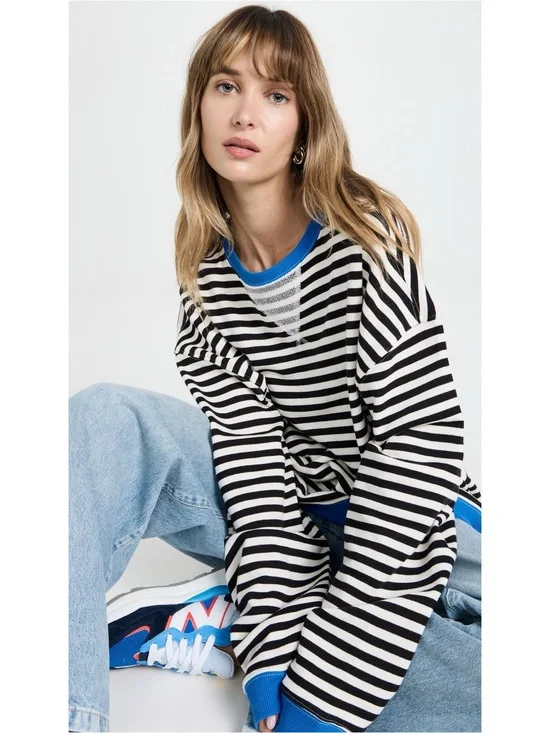 Free People || We the Free Classic Striped‎ Oversized Crewneck Sweatshirt Blue L
