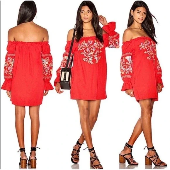 Free People Fleur Du Jour‎ Embroidered Off The Shoulder Mini Dress Cotton Boho L