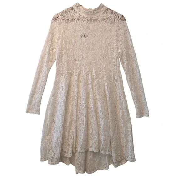 Free People Ivory Floral Lace Mock Neck Long Sleeve High-Low Mini Dress‎ Large