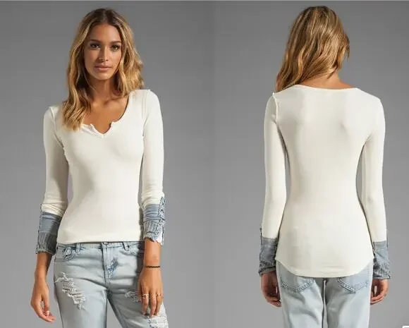 Free People Kyoto Cuff Womens S Cream Blue Embroidered Thermal Boho Top