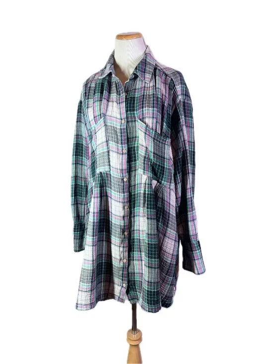 Free People XL The Voyage Shirt Dress Gauze Plaid Button-Up Long Sleeve Pockets