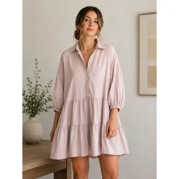 Free People Free-Est Tiered Shirt Dress Mauve Pink Mini XS Boho Minimalist