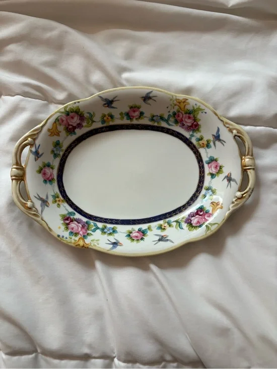 Noritake White Porcelain Handled Serving Tray with Pink Rose and Blue Bird Motif