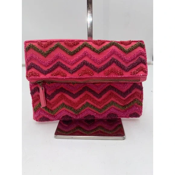 Charlie Paige Pink Beaded Chevron Foldover Clutch Bag Bohemian Cotton Canvas