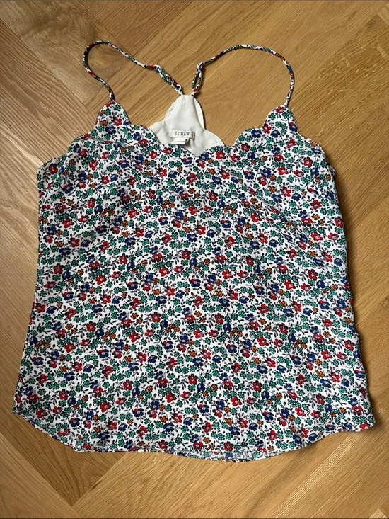 J. Crew White Floral Scallop-Edge Cami with Red, Green & Blue Flowers
