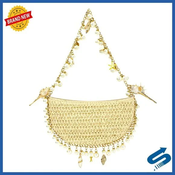 Handwoven Straw Clutch Purse with Pearl Shell Decor Boho Beach Bag