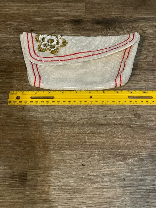 Beaded Clutch with Satin Lining - Ivory and Red Trim
