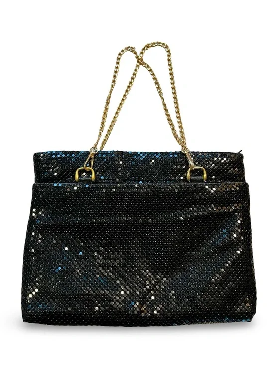 Vintage Black Metal Mesh Convertible Handbag Clutch Gold Chain