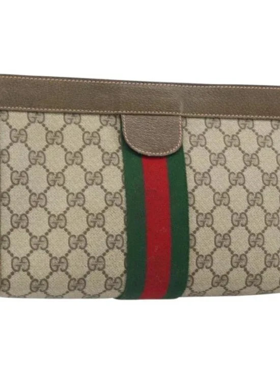 GUCCI GG Supreme Web Sherry Line Clutch Bag PVC Beige Red 89 01 002 Auth BA10401