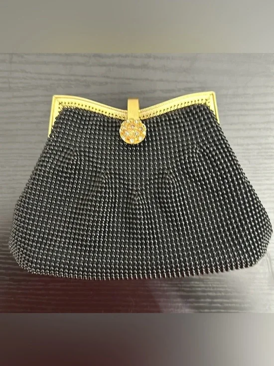 Black Ball Mesh Gold Hardware Rhinestone Clasp Clutch Purse Optional Chain Strap