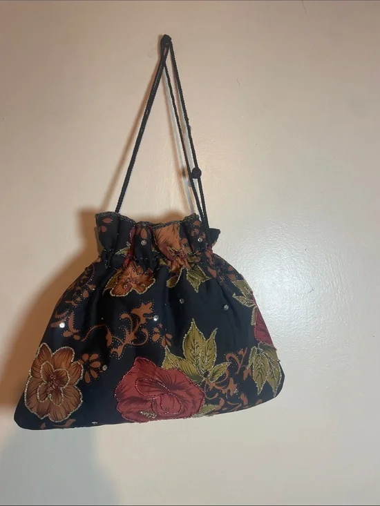 Floral Drawstring Shoulder Bag - Black with Red & Olive Accents Hand Crafted