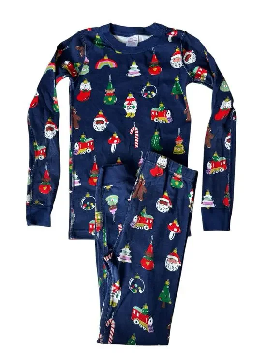 HANNA ANDERSSON Christmas Ornaments Long John Pajama Set Sz 10 140 Blue Santa