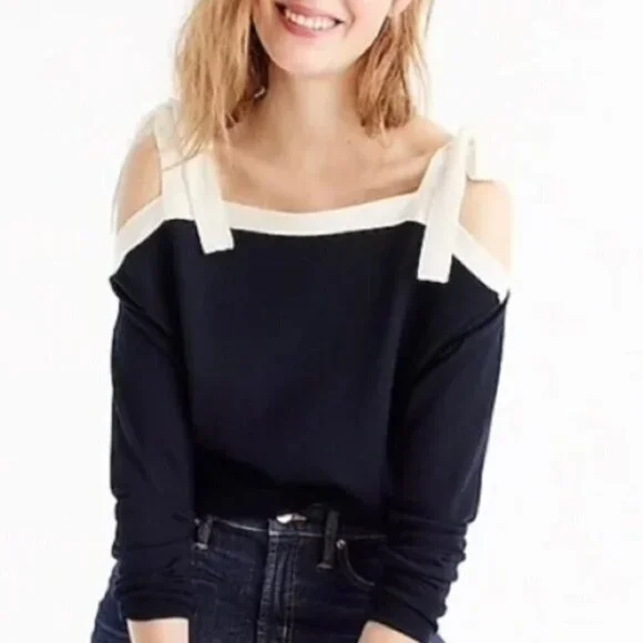 J crew blue merino wool tie cold shoulder sweater large
