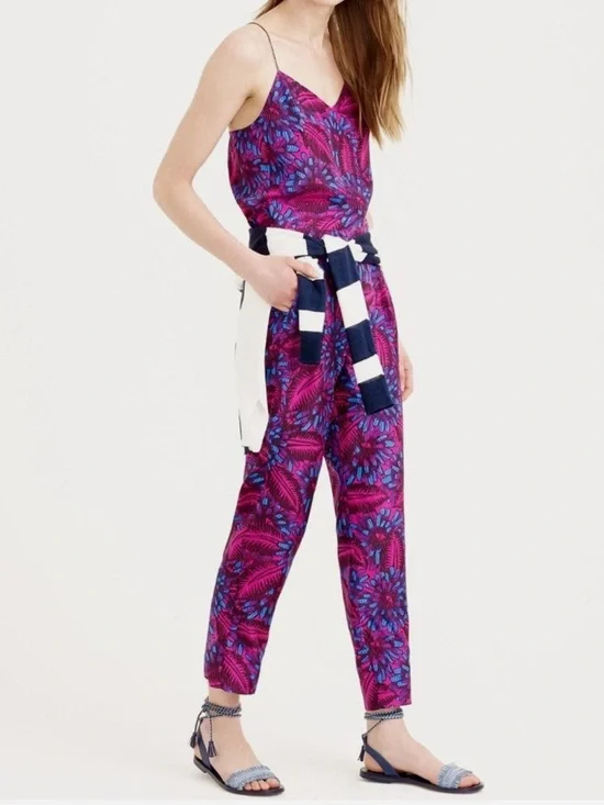 J.Crew Bright Dahlia Floral 100% Silk Strappy Jumpsuit with Pockets Size 6