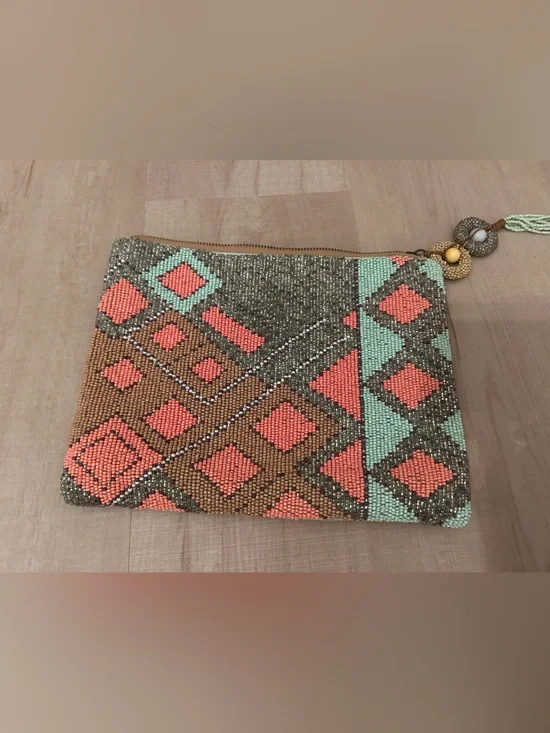 Anthropologie Beaded Boho Pattern Wristlet Clutch in Coral, Mint & Brown