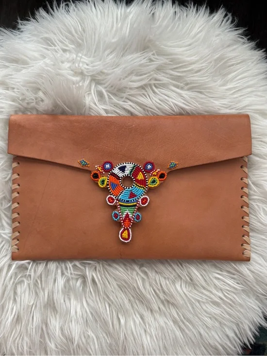 Handmade Tan Leather Clutch with Colorful Beaded Accent