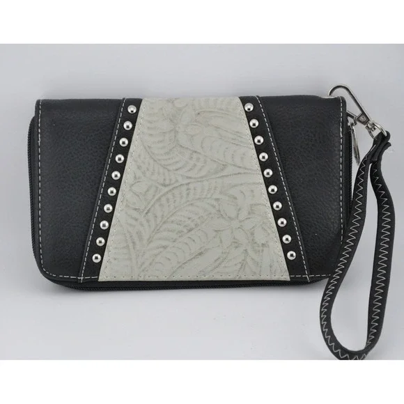 P&G Wristlet Wallet Black/Gray Excellent Studded Floral Embossed‎ Western