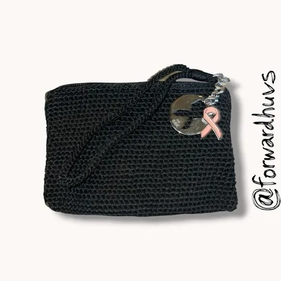 The Sak Black Crochet Wristlet Coin Purse Pink Ribbon Charm