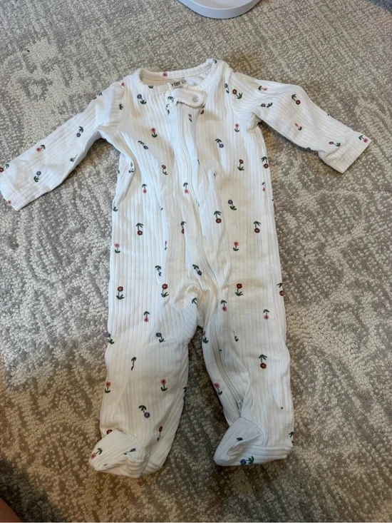 Carter's White Ribbed Floral Footed One-Piece