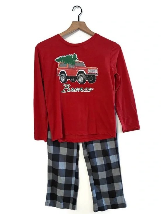 NWT Ford Bronco Red Black Gray Plaid 2 pc Pajama Set Boy’s size Medium 8